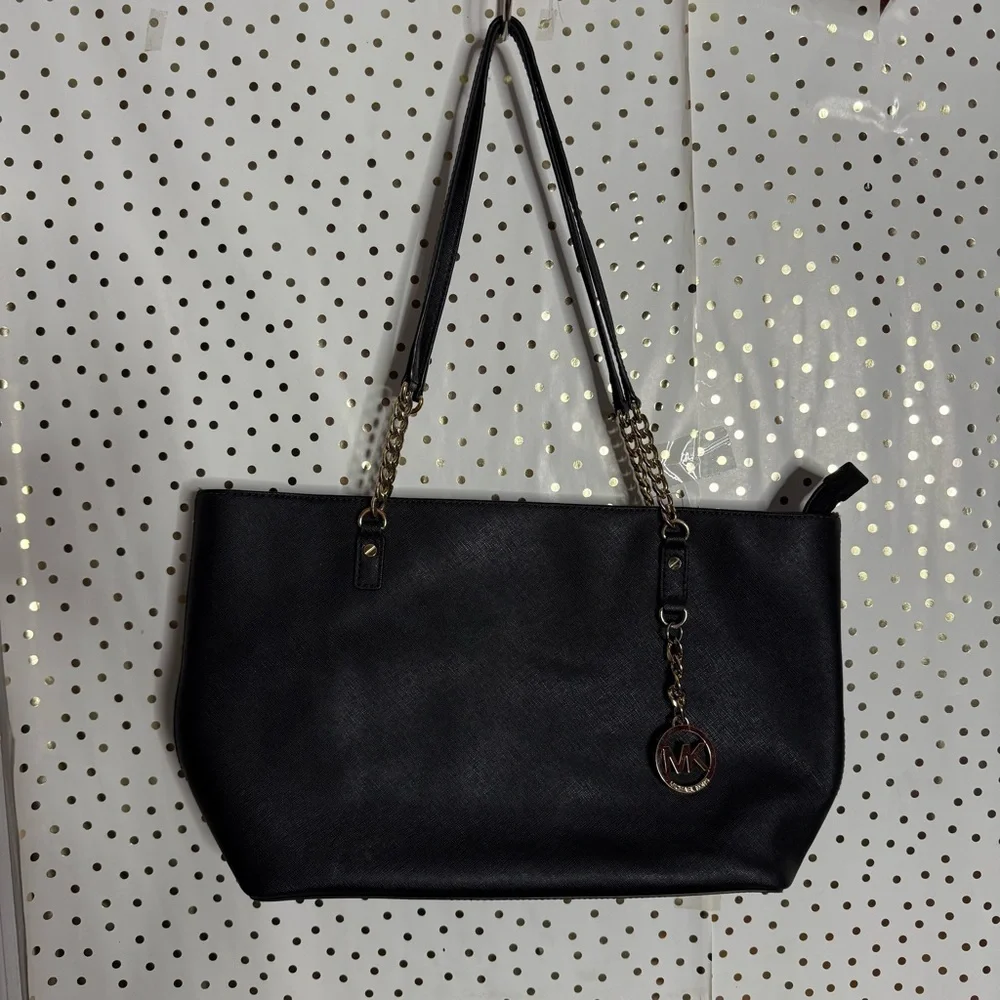 Michael Kors Black Leather Tote with Gold Accents
